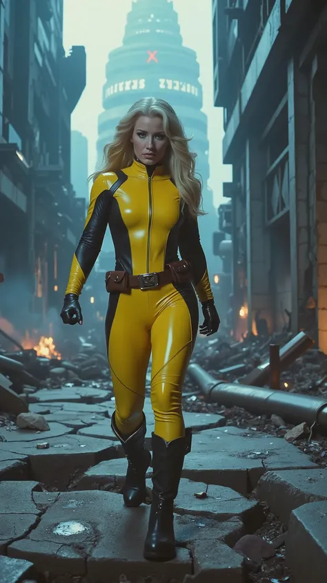 A cinematic close-up scene from a X-Men film, featuring Malicia (Rogue), dressed in a tight-fitting yellow leather suit with black accents and silver detailing, reflecting her iconic X-Men costume. Her hair is platinum blonde and styled in long, voluminous...