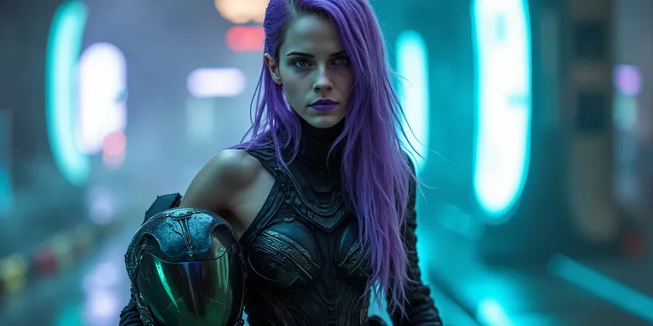 A hyper realistic, ultra-detailed portrait of a stunning female alien warrior with light purple skin, vibrant green eyes, and long, flowing purple hair that shimmers under the light. She has an athletic, toned humanoid physique, exuding both strength and e...