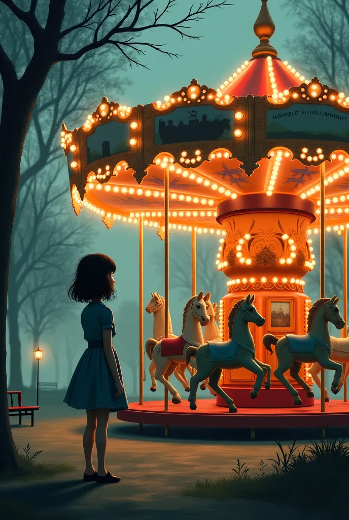 Evening time, a lonely girl looking at a carousel