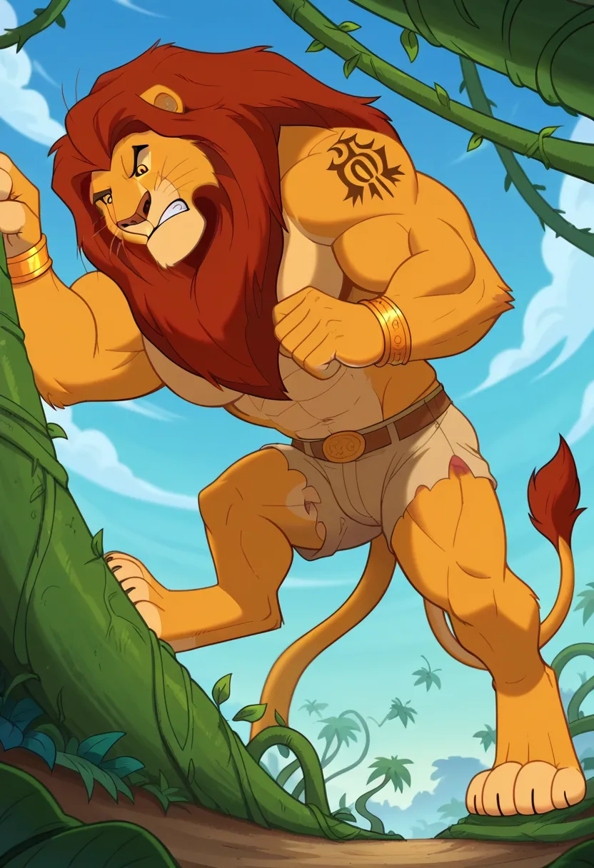 safe_pos, score_9, score_8_up, score_7_up, score_6_up, hi res, highly detailed, masterpiece, low angle, dynamic angle, blue sky background, screencap, Mufasa, Lion, anthro, Yellow Sclera, Red Eyes, muscular body, full body, ginomous biceps, enormous pector...