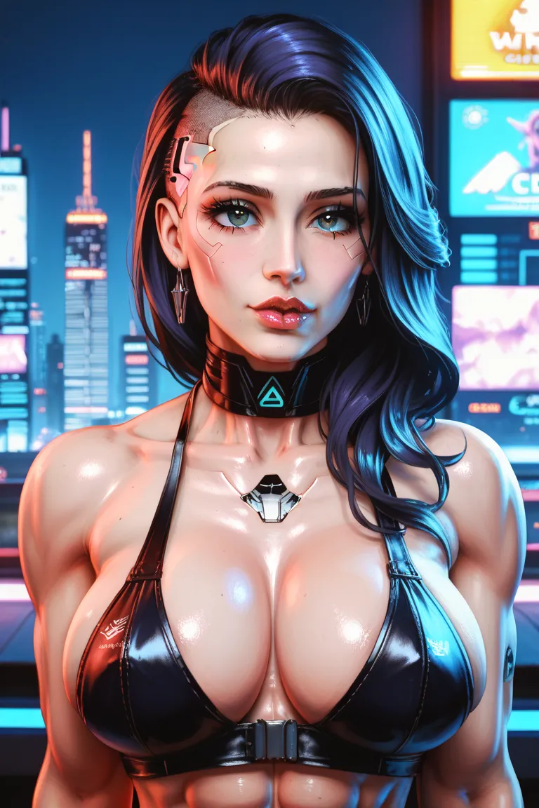 female ocprobocop muscular body, detailed cyberpunk character portrait, hyper realistic, cinematic lighting, dramatic atmosphere, dark futuristic dystopian setting,volumetric fog,neon city skyline,ultra-detailed,4K,HDR,physically-based rendering,masterpiec...