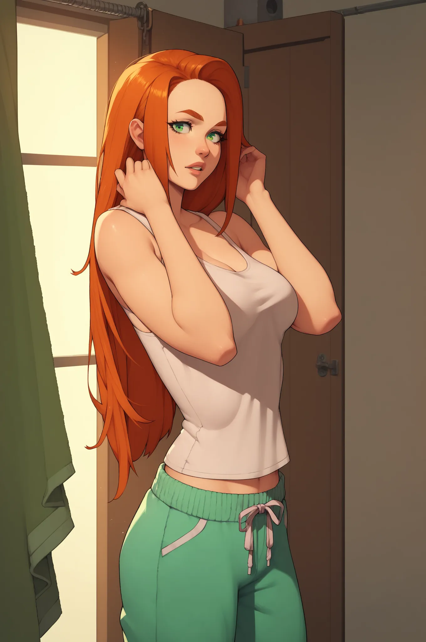 score_9, score_8_up, score_7_up, score_6_up, BREAK, AtomEveIXL, green eyes, orange hair, long hair, medium breasts, most of body, pose, tank top, fluffy pajama pants, room