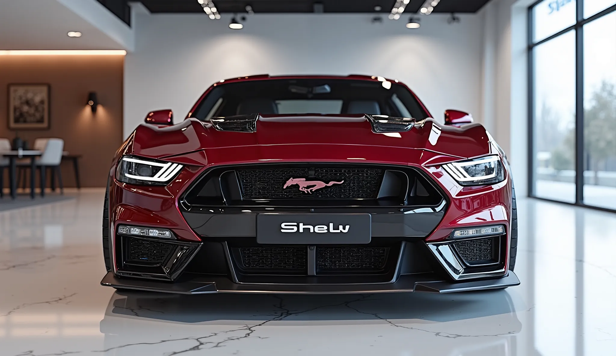 An ultra-realistic image of the Aggressive close straight front bumper view with end of a futuristic 2026 Ford Mustang  The concept car features a large, imposing, kand aerodynamic design with a wine red shiny exterior. Aggressive front view end has a wide...