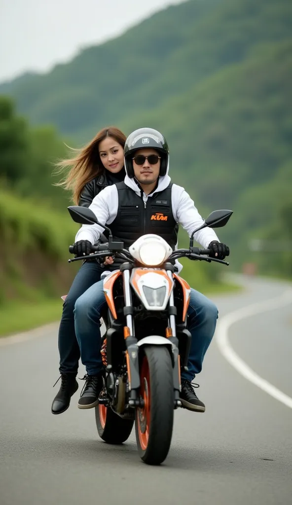 Facong side view, A indonesian man wearing awhite hoodie jacket, jeans, motorcycle gloves, and sunglasses, rides a KTM motorcycle on an open road with a green hilly nature background. The police flat number "366", he wearing protector vest, giving it a spo...