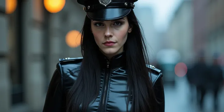 In a striking portrait shot, a young Caucasian woman stands alone, her figure elegantly framed against a softly blurred background that hints at an urban setting. Her long, straight black hair cascades down her shoulders, contrasting sharply with the gloss...