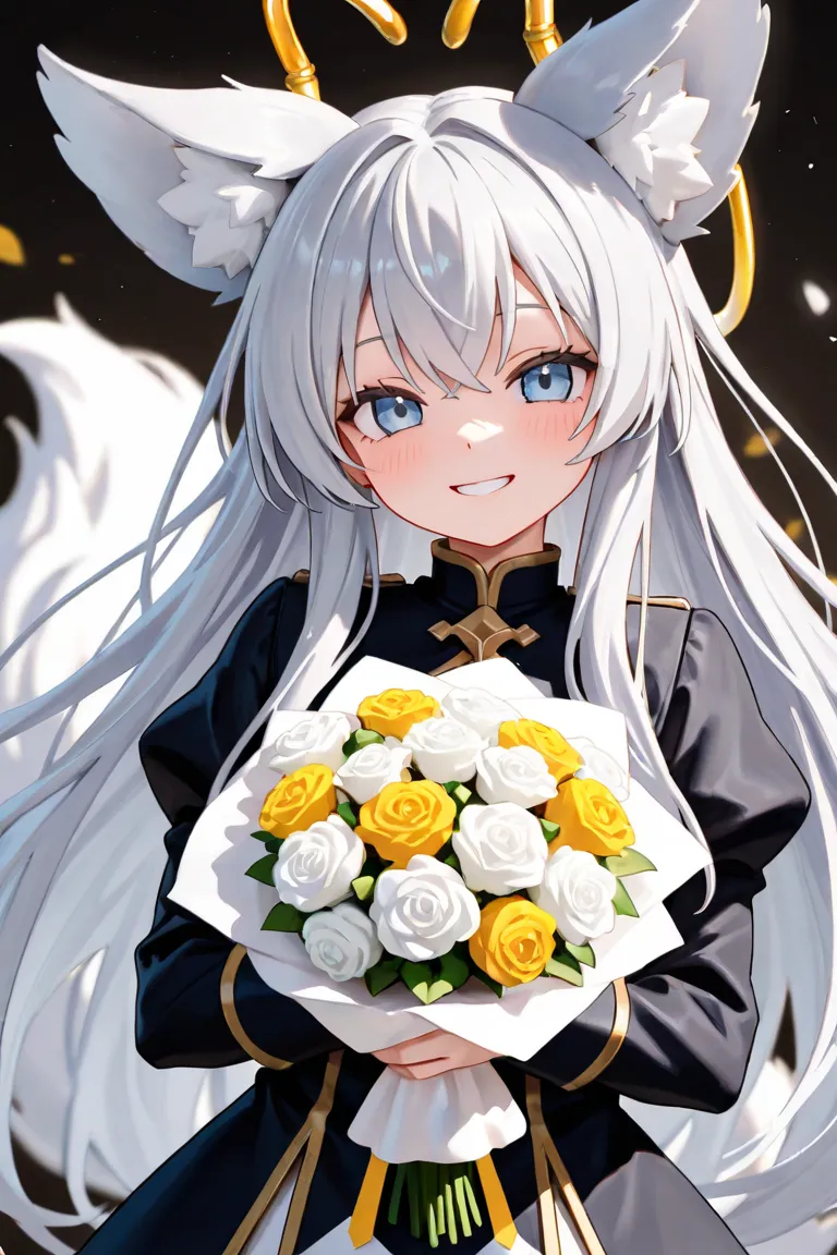 Smiling girl with shemomimi, silver hair holding a bouquet of chamomiles