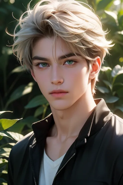 boy, handsome face, white messy hair, green eyes, casual style, artistic background