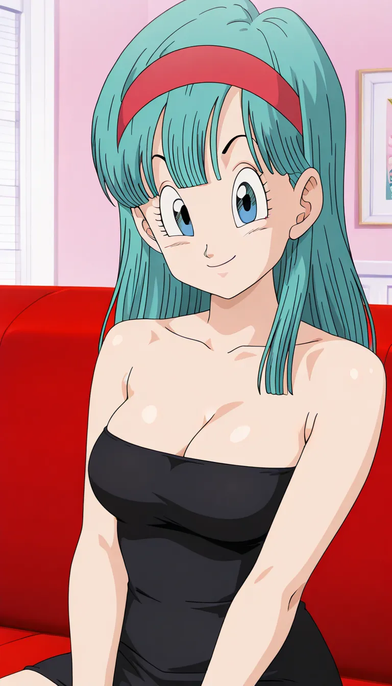 anime screencap, masterpiece, best quality, amazing quality, very aesthetic, absurdres, newest, bulma, garlic jr saga, official style, blue eyes, aqua hair, long hair, hair down, collarbone, cleavage, upper body, looking at viewer, bare shoulders, smile, h...