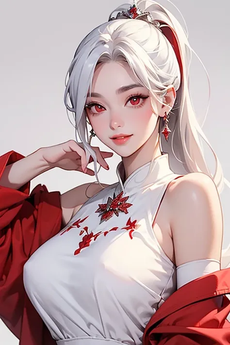 (top quality, masterpiece:1.2), high resolution, 最高masterpiece、very well detailed, realistic:1.37,  fantasy, illustration for both eyes,(( red eyes)). queen, white dress、((Platinum decoration)).((Silver Hair)).beautiful、 Eye Shadow Red 、Tai Eyebrows、long e...