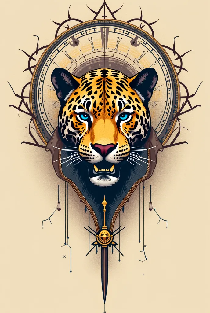 **“Let a strong and charismatic jaguar be in the center as the main figure.  eyes sharp , Let the posture give a sense of courage and leadership.

Golden ratio spirals around, intertwined triangles and circles like geometers Be it shapes, let these element...