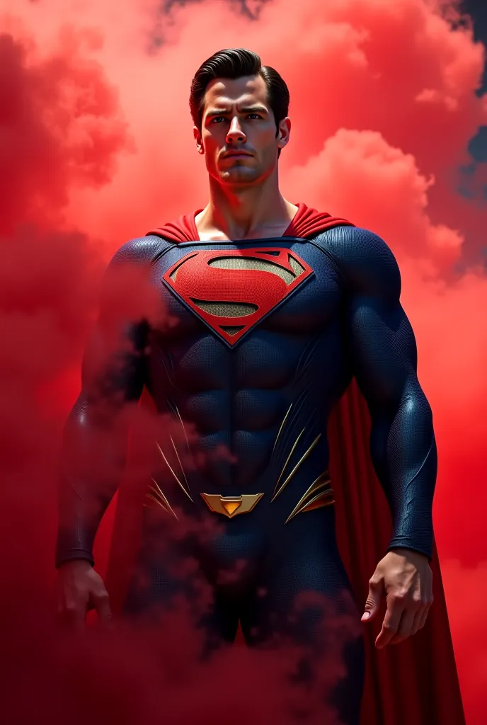 Create an image of Henry Cavill as Superman in 4k with red smoke 