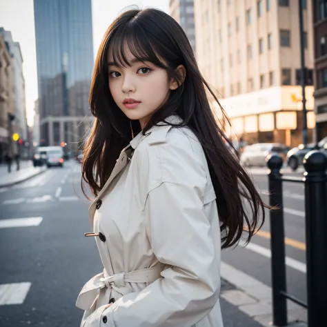 best quality . Realistic portrait of a young woman with long dark hair. It has bangs and flows slightly to the side,  It looks soft and natural . The hair is loose, has waves, and is smooth、has a subtle shine, that gently frames her face. Soft and natural ...