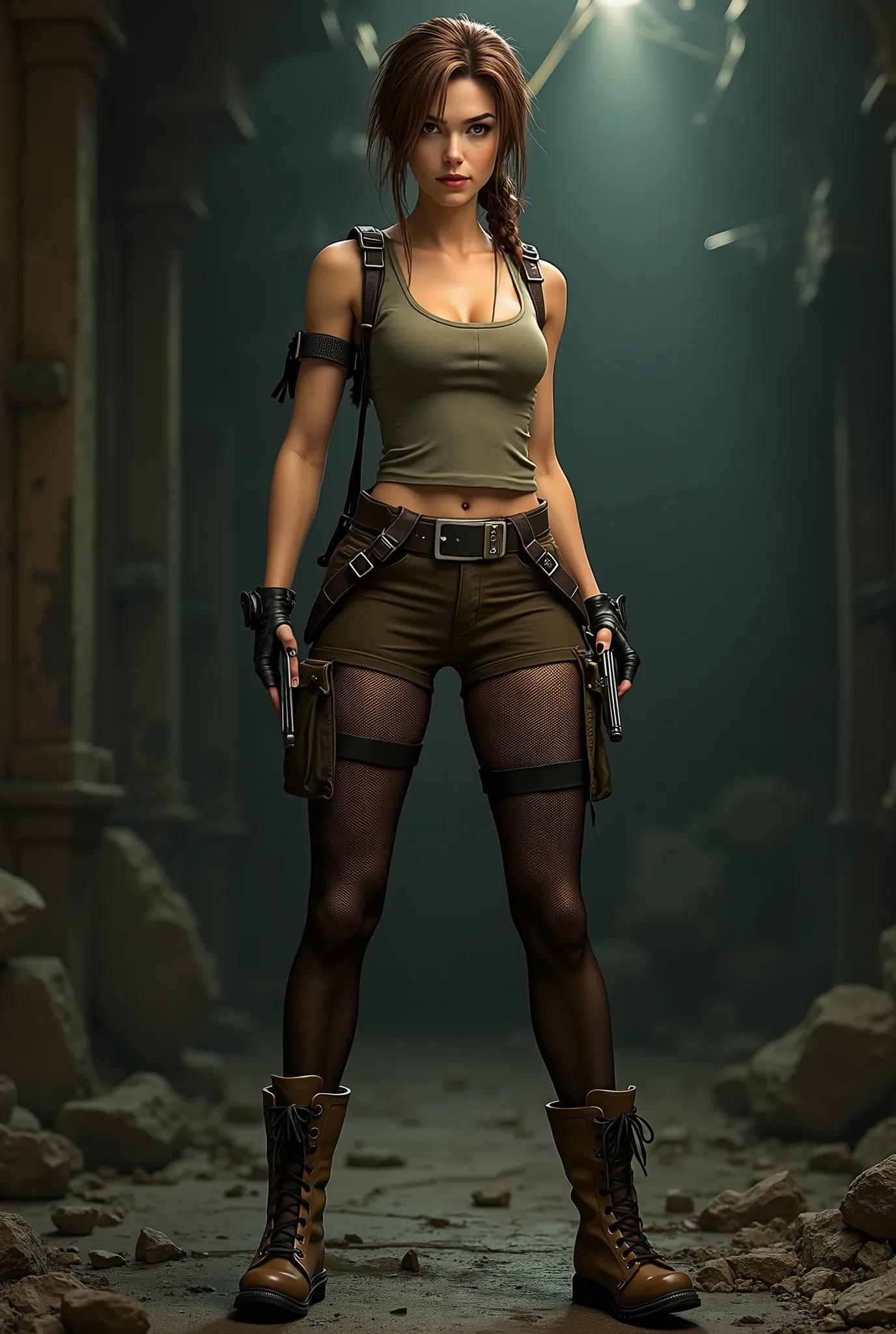 a picture of lara croft in her iconic outfit with sheer black pantyhose underneath