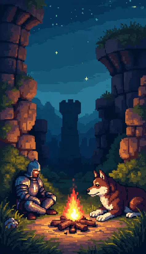 A cozy pixel art scene featuring a knight in full plate armor resting near a small campfire at night, surrounded by the ruins of an ancient stone fortress. Instead of a dragon, a large, loyal dog with thick fur and a friendly expression lies near the fire,...