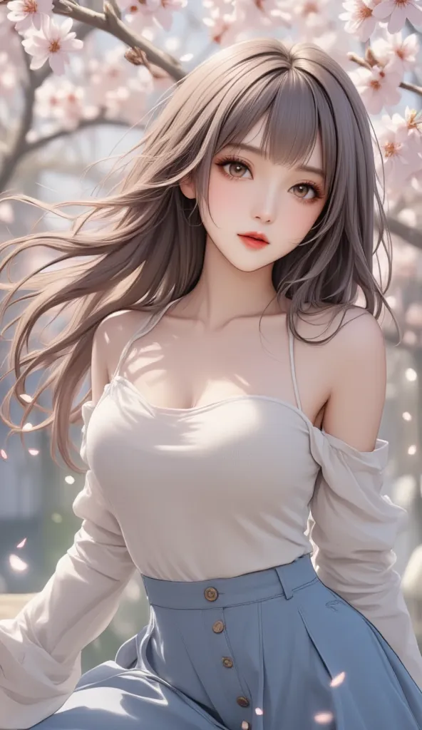 Modern Fashion Asian Beauty，Beautiful scene with fluttering petals，Almond eyes+ shoulder tilt 20 degrees + Delicate Skin ，Long Silver Hair, Smooth and Elegant，Low-cut Slim Knit Top(cream white)+High-waisted A-line skirt(Haze blue)，showing a full bust+ Slim...