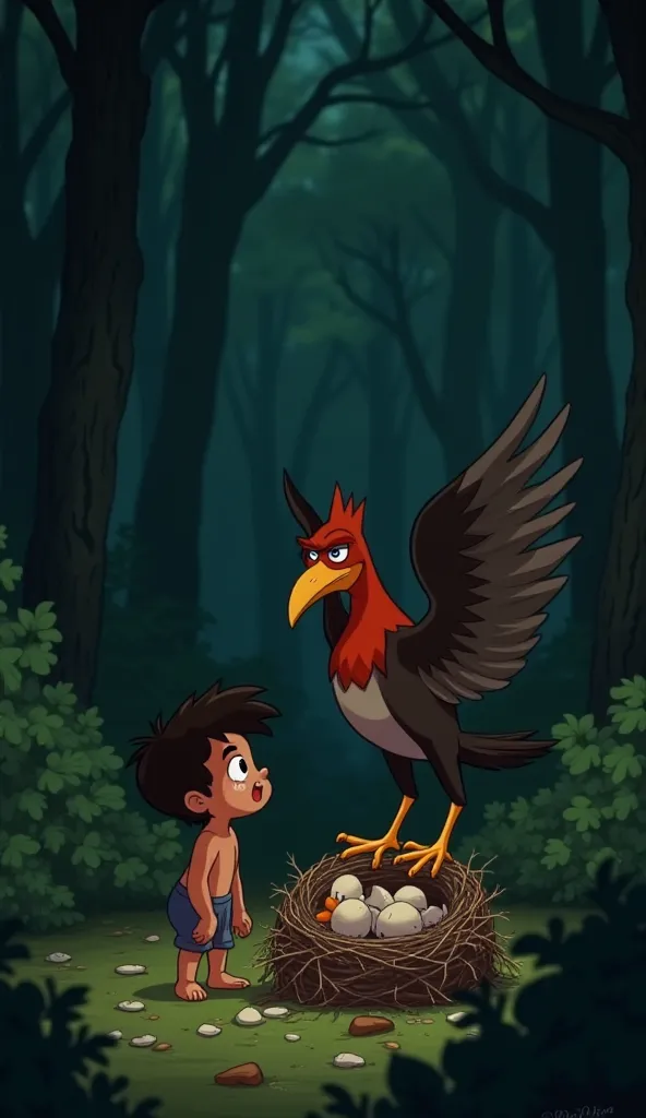 

3. **Conflict Scene**
   - **Visual:** A darker forest with a broken bird's nest.
   - **Pose:** Bubu stands beside the broken nest, looking small and scared, tears streaming down his cheeks, while the mother bird appears angry and flutters around with s...