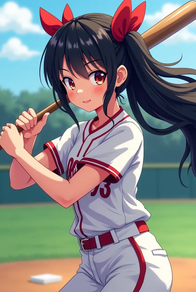 An anime style with black hair using two red bows to tie her hair, wearing a baseball uniform hitting with a bat 