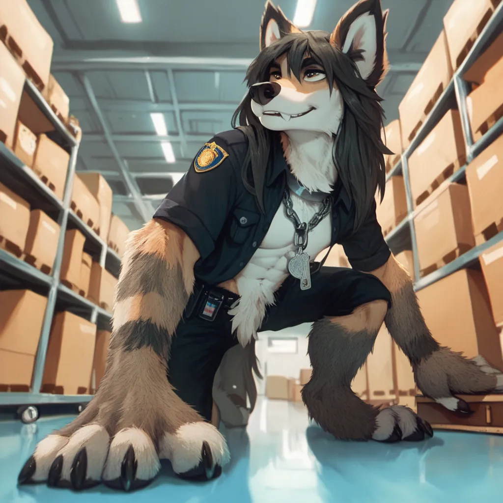 A long haired anthropomorphic wolf wearing a black police shirt vest and chain collar sniffing in th the airport cargo room, on all fours, boxes and Luggage in the background.