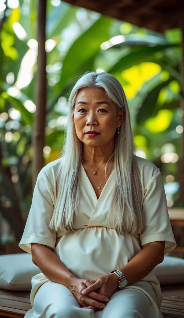 A 50-year-old Thai woman, overweight, with long, straight, white hair, and dark brown eyes, seated on a wooden bench in a lush tropical garden, wearing a cream-colored silk dress. Soft, natural lighting, focus on the woman's face, serene expression.