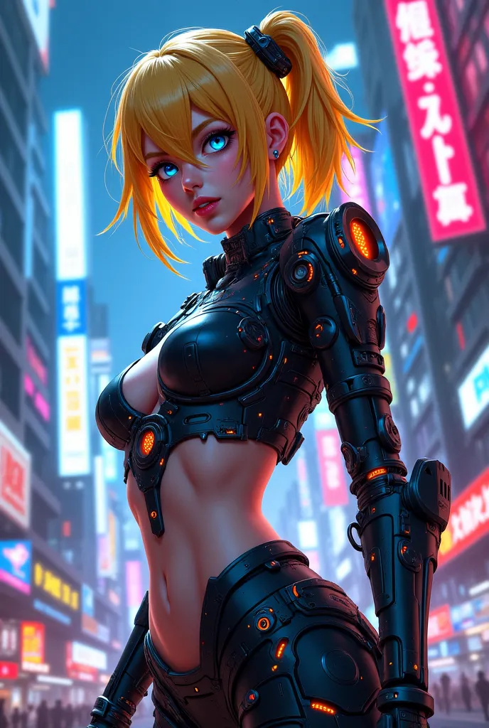 anime girl blonde, from the beast gang, cyberpunk, Tokyo, cyborgbird