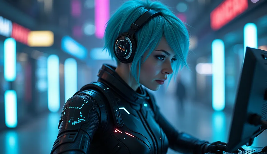 ## *[🔹 . Nyx (हैकर और टेक-एक्सपर्ट)*
 *A futuristic female hacker with short neon-blue hair, glowing cybernetic implants on her arms, wearing a sleek, black tactical suit with digital interfaces.*  
. *Nyx typing rapidly on a floating holographic keyboard,...