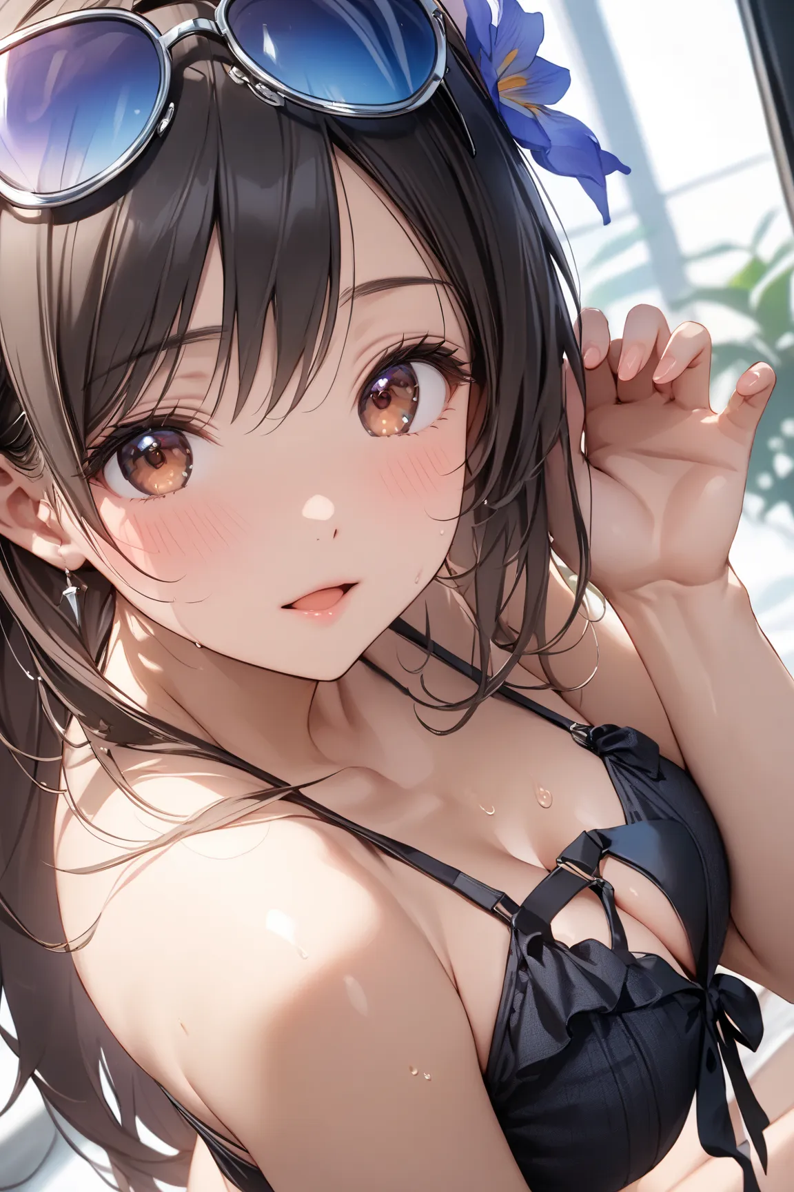 acTif, brown eyes, black hair, long hair, 

bangs, hair flower, hair bow, black bow, eyewear on head,  medium breasts, cleavage, black choker, black bikini, side-tie bikini bottom, 

shiny skin, shiny, 

 chibi, against glass, cheek press, close-up,

one g...