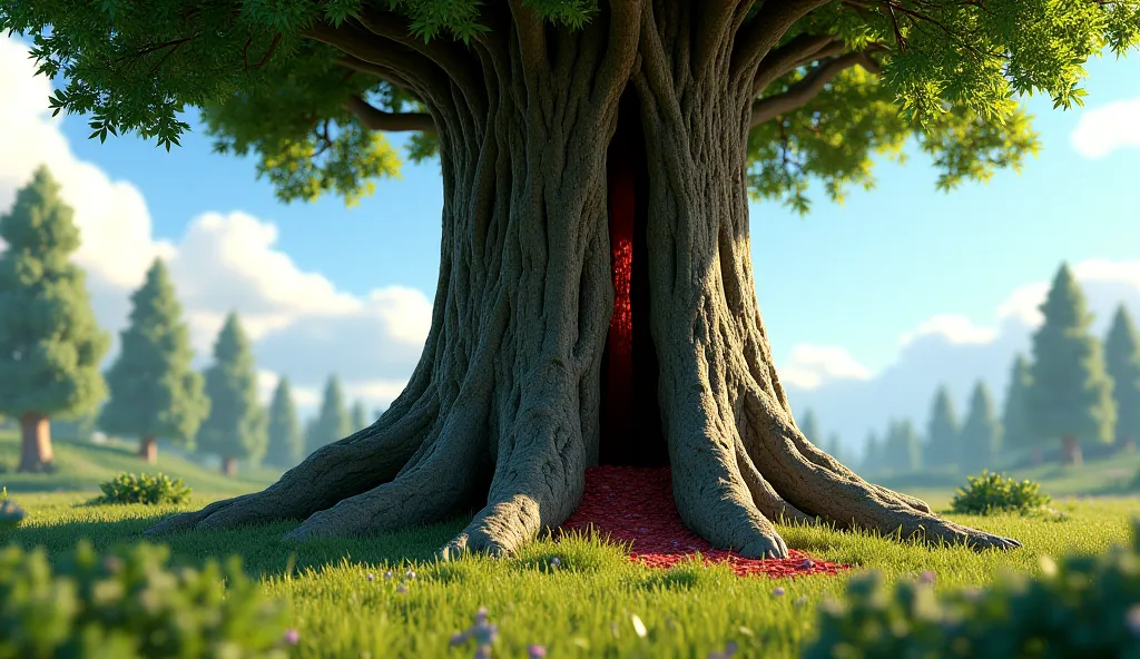 A tall, strong tree with thick branches shudders as a poisoned arrow lodges deep into its bark. The poison spreads like dark veins through the trunk." style: 3D Pixar