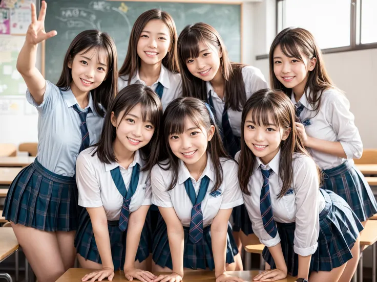  masterpiece, best quality,8k resolution,    HD  ,    as tall as cinematic lighting  ,  octane rendering ,  super real ,  Four Creative High School Girls in a School Classroom  ,(8 heads and bodies  ), Sexy latino     , We are wearing Japanese uniforms wit...