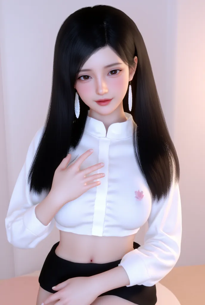 Create an portrait image of a young woman with long, straight black hair, wearing a white office shirt and black half skirt. She has a long earrings. Her makeup is soft, featuring light eyeshadow and glossy lips. The background should be a light pastel col...