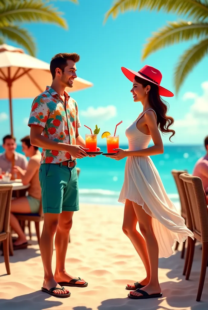 Waiter and waitress with outfits beachero: floral beach shirt, white fabric mochona with closed flip flops