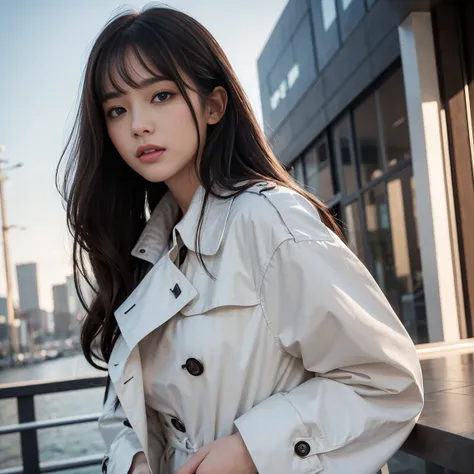 best quality . Realistic portrait of a young woman with long dark hair. It has bangs and flows slightly to the side,  It looks soft and natural . The hair is loose, has waves, and is smooth、has a subtle shine, that gently frames her face. Soft and natural ...