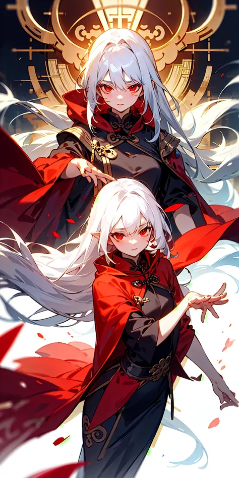 Draw a beautiful mature girl with long white hair and red eyes wearing a long, dark red (blood red) fairy dress over a red cloak, creating a majestic and charming image. Ancient Chinese fairy style

 