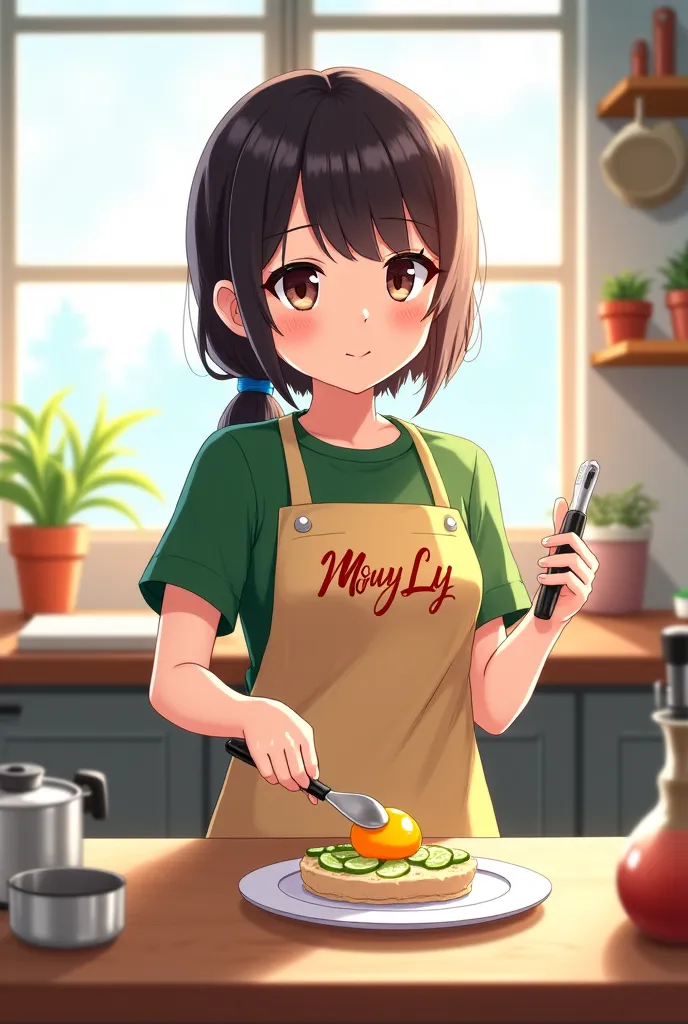 The image shows a girl (anime-style) with the word "Mouy Ly" written elegantly on her shirt. She is cooking in the kitchen. She is wearing a green shirt and a cooking apron. She is holding a white plate with eggs, decorated with cucumbers in the plate. The...