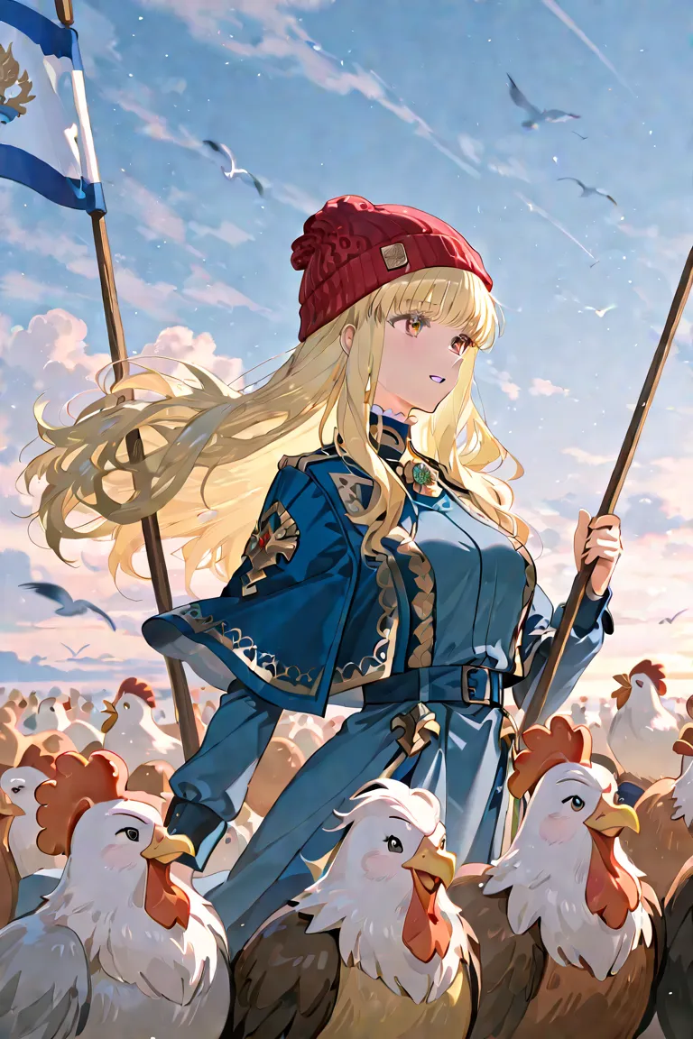 the goddess of France Marianne, wearing a red beanie, charging into battle holding a French flag with hens and roosters behind her