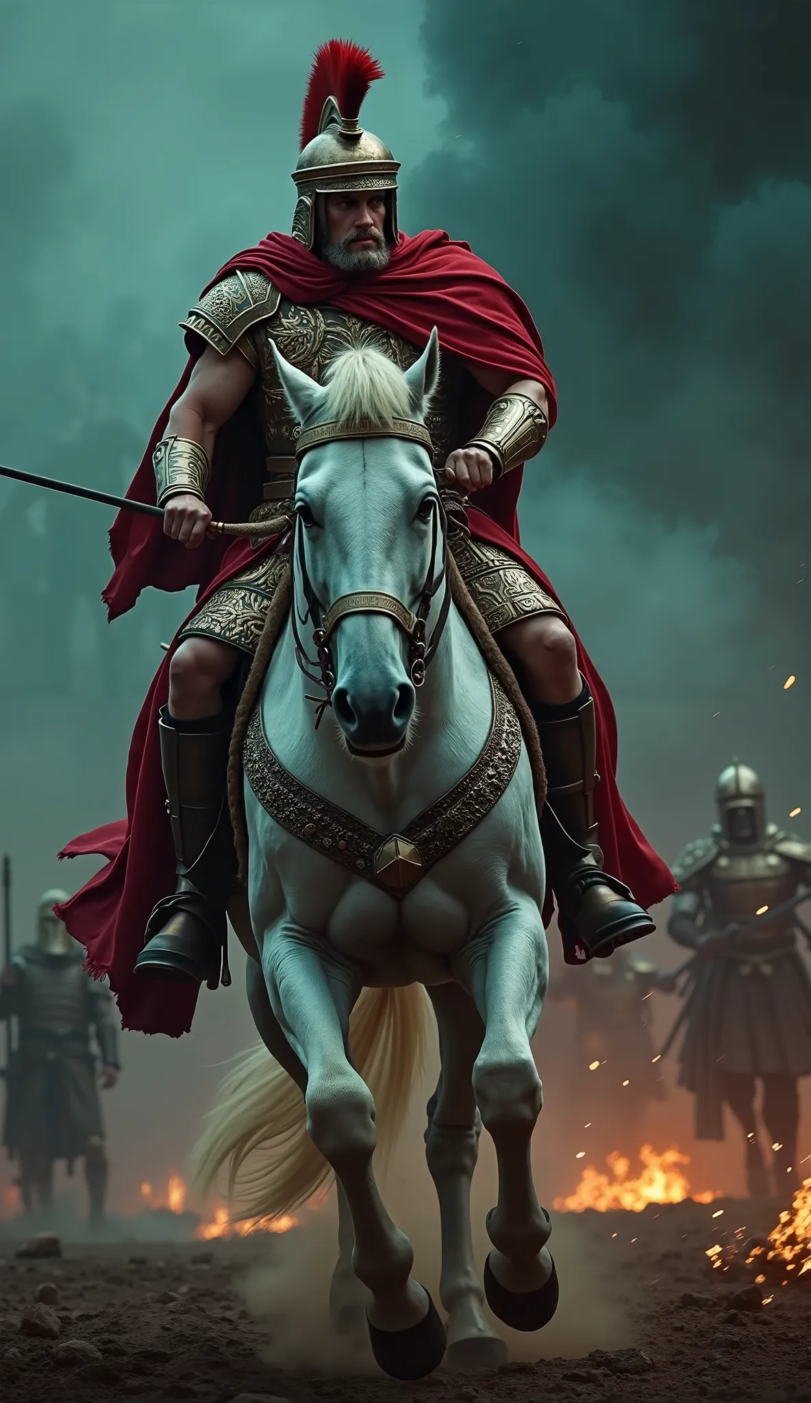 A hyper-realistic, MARBLE THEMED PALLETE cinematic depiction of an ancient Roman warrior resembling SENECA he is made from a MARBLE TEXTURE, with chiselled, noble facial features, wearing detailed MARBLE TEXTURE Armor with intricate engravings. He rides a ...