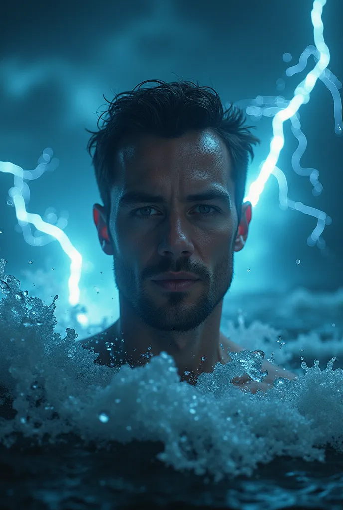 Hyperrealistic high-contrast photograph. the guy wearing the. close to the camera, face close-up.  in the center, levitates has superpowers. around lightning and the ocean rises, showing power and strength and power. 