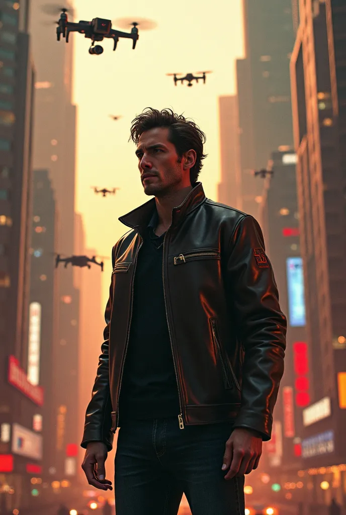 Background of a technological city with drones flying over and as the main image Javier Milei on his back wearing a leather jacket looking at the horizon