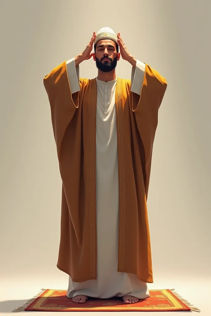 A young man in his twenties stands on a flat rug, raising his hands near his ears with his palm, wearing a prayer cloak and an Islamic-style hat on his head to perform the obligatory prayer 