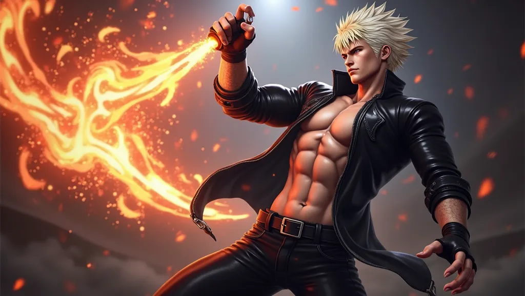 The image depicts a digital illustration of K', a male character from The King of Fighters series. He has spiky, light blonde or white hair and a fair complexion. He is shown in a dynamic, action-oriented pose, with his body angled and one arm raised.
He i...