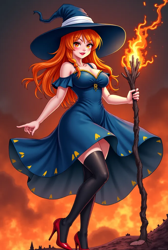 Mature and voluptuous wicked witch with orange hair with a braid and a white headband and orange eyes (Clothes: Dressed as an evil witch, a blue dress with yellow textures,  black witch hat , black thigh-high stockings and red high-heeled shoes). She is in...