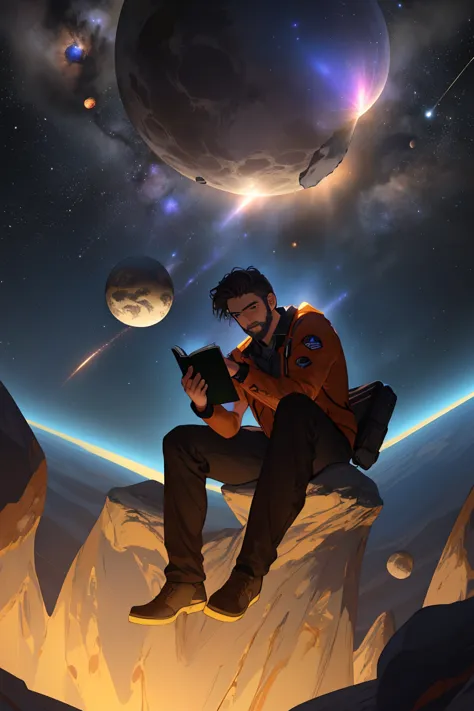 Draw a young programmer, sitting on a research platform floating in the middle of an asteroid belt. He is studying with a notebook, surrounded by several asteroids glowing with fiery auras. Dramatic lighting from distant stars and planets illuminates the s...