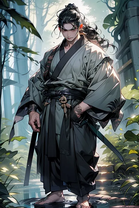 A young male warrior with a slender build, standing at 166 cm. He has pale skin, long flowing black hair, and deep black eyes. His face is kind and warm. He wears a traditional Japanese-style outfit: a black kimono with silver embroidery, a dark obi sash a...