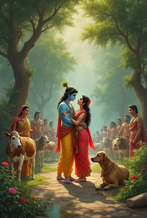 Radha krishna are on the park with many cows