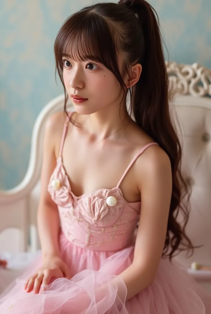 A beautiful European mermaid。light brown hair with bangs {x} wears a ponytail、is tied with a white pearl ring。Put on a pink seashell bra、Has a pink mermaid tail。has light brown eyes。