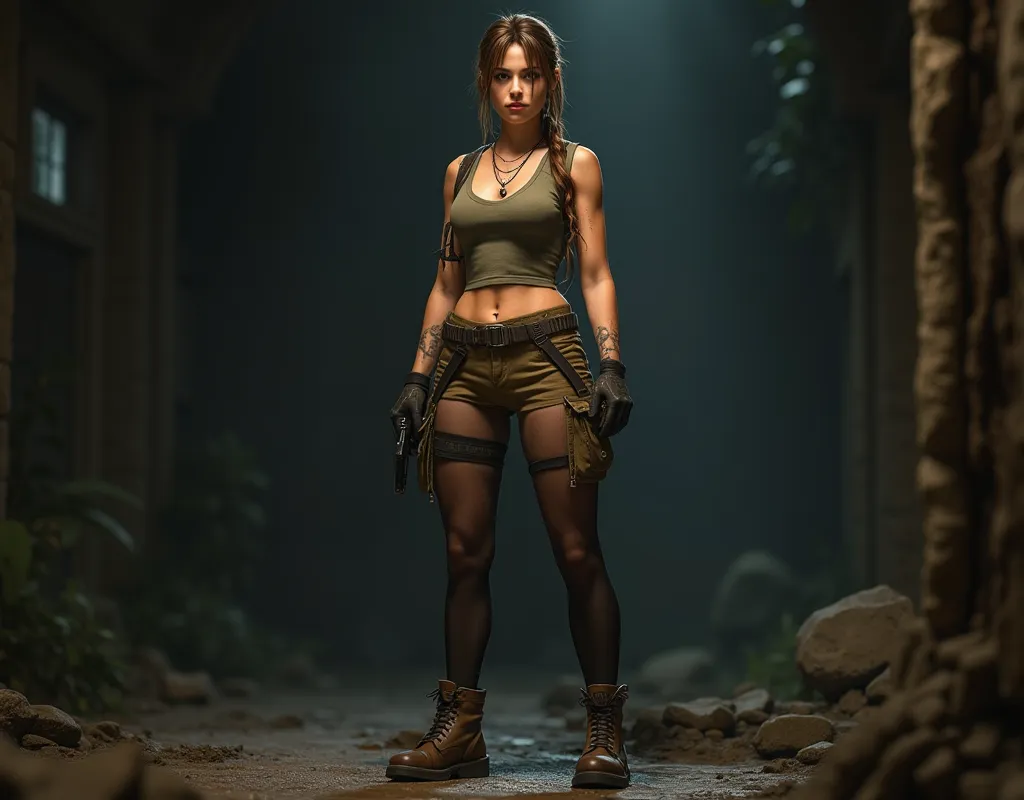 a picture of lara croft in her iconic outfit with sheer black pantyhose underneath