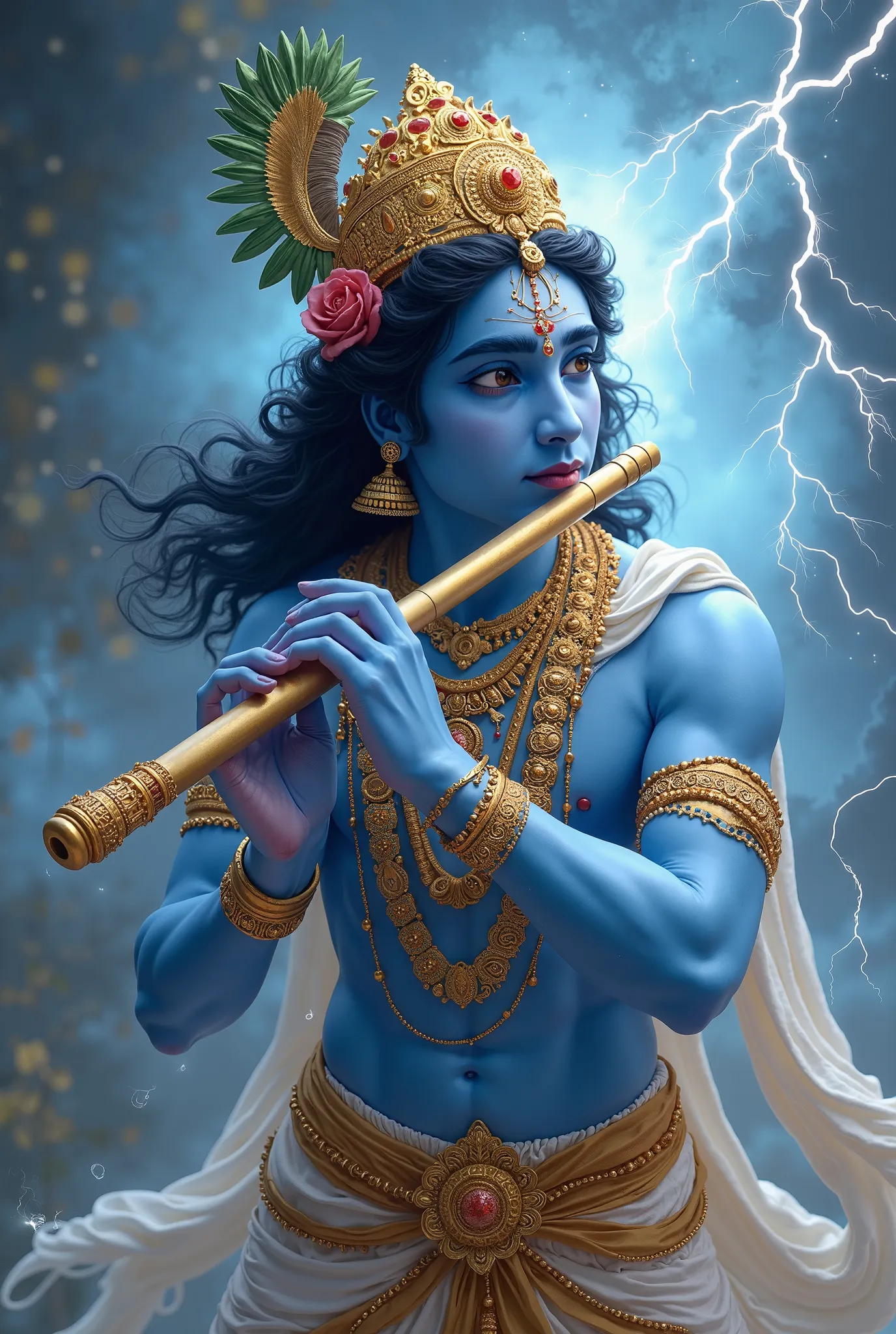 A divine and highly detailed portrait of Lord Krishna playing the flute, blue skin radiating a soft celestial glow, adorned with golden ornaments and a regal crown, electric aura and lightning-like energy swirling around, flowing white silk garments, ether...