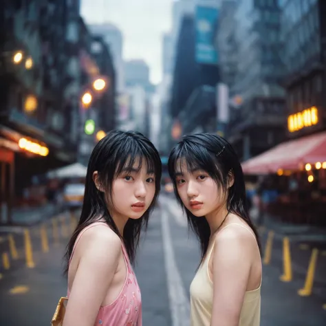 "Close-up film portrait of twin idols standing inches apart, city lights blurring behind them, their eyes locked onto the camera with quiet confidence."