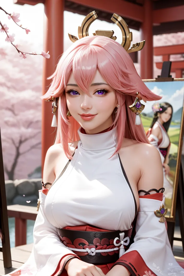 1girl, (ulzzang-6500:0.7), kpop idol, yae miko, detached sleeves, bare shoulders, pink hair, long hair, japanese clothes, best quality, (painting:1.5), (hair ornament:1.35), jewelry, purple eyes, earrings, breasts, torii,  cherry blossoms,  lantern light, ...