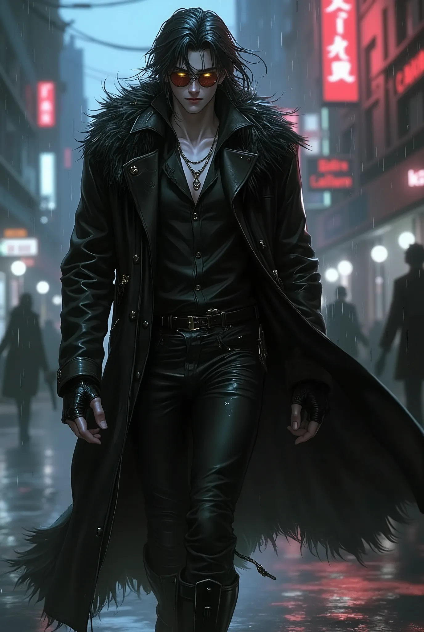 man, dark skin, yellow eyes, smoking a cigarette, black leather jacket with black fur, black leather clothes inside leather pants, boots, round red lens glasses, long black hair, walking in the rain in a dark city, biker gloves with exposed fingers