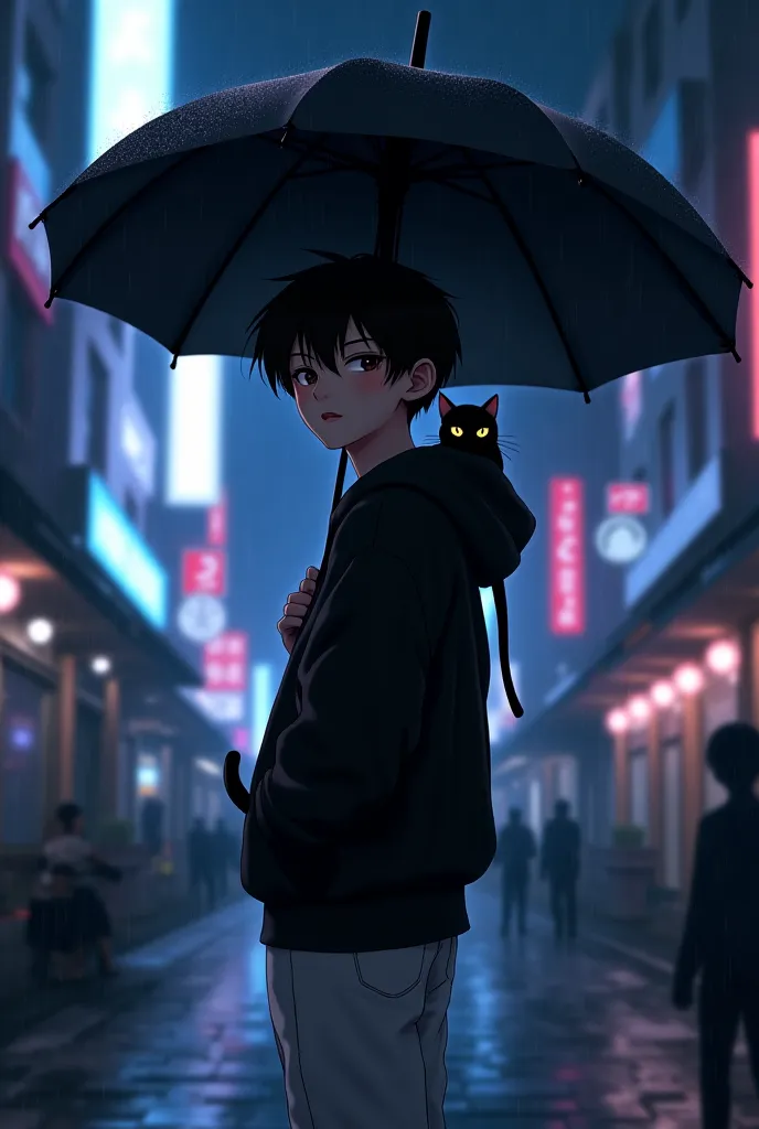 Make an anime boy with an umbrella at night with a hoodie black, white pants and a cat on his sholder 